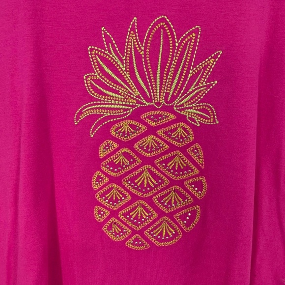 Palm Grove Womens PETITE Large T-Shirt Bright Pink Embroidered Pineapple Studs - Picture 2 of 7
